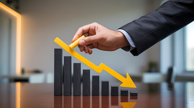 Businessman s hand points to a downward trending financial graph indicating economic decline and market crash - Powered by Adobe