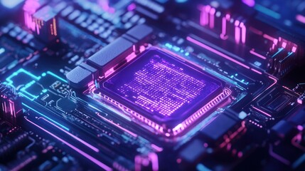 Futuristic Circuit Board with Processor,  Dynamic Neon Lighting