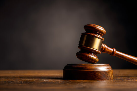 Wooden judge gavel and sound block symbolizing justice law courtroom decision legal authority