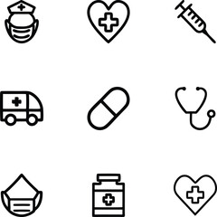 Clean Medical and Healthcare Icon Set &ndash; Hospital, Doctor, Medicine, Pharmacy, Health Service Vector