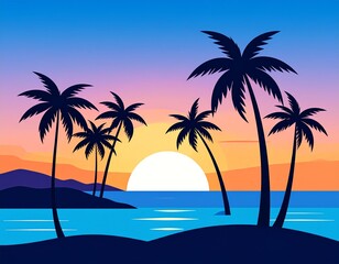 Fototapeta premium Silhouette art design of sea on sunset time and palm trees, vector illustration