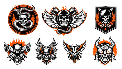 A dynamic collection of biker-themed skull and snake vector emblems, featuring wings, helmets, and flames, perfect for rebellious graphic designs.