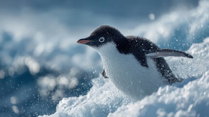 Fototapeta premium A playful penguin leaps from the icy waves, surrounded by sparkling water droplets, showcasing the beauty of its natural habitat.