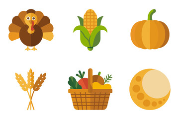 Thanksgiving harvest icons, turkey corn pumpkin wheat, market basket produce, cheese wheel, autumn food clipart, farm fresh vector illustration, fall season design, isolated on white