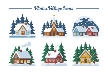 Fototapeta premium Winter village icons collection, cottages cabins trees snowmen, small scenes for stickers, vector set, holiday graphics, web and print resources
