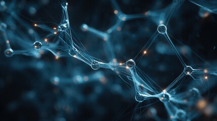 Abstract representation of interconnected molecules illustrating science, technology, and the future of innovation in a blue and black digital environment