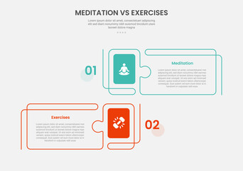 Obraz premium meditation vs exercise infographic outline style with creative rectangle box with puzzle jigsaw style 2 point comparison template with for slide presentation