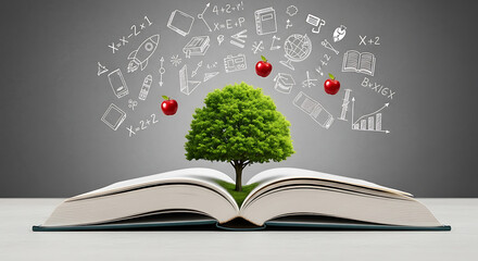 Open book with a tree growing from its pages surrounded by floating apples and educational doodles against a symbolizing knowledge and growth