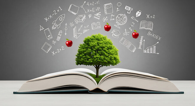 Open book with a tree growing from its pages surrounded by floating apples and educational doodles against a symbolizing knowledge and growth