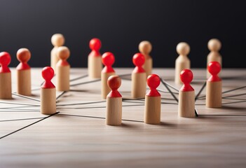 A single red bowling pin stands out from a team of green pins, symbolizing leadership and success