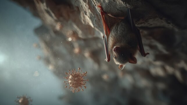 A bat hangs upside down in a cave, with floating virus particles in the background, illustrating a theme of wildlife and health. - Powered by Adobe