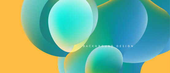 Abstract fluid shapes overlap, creating vibrant color gradients. Yellow, teal, blue hues dominate composition. Modern design element.