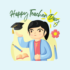 Teacher Day with Bright Cute Cartoon People, Stationery Element and Background