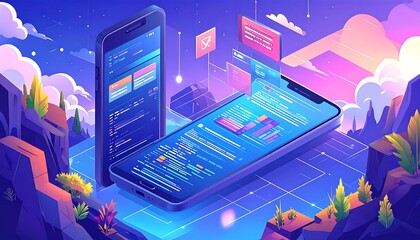 Two smartphones display vibrant code, surrounded by a landscape of stylized rocks and plants, showcasing a futuristic digital environment.