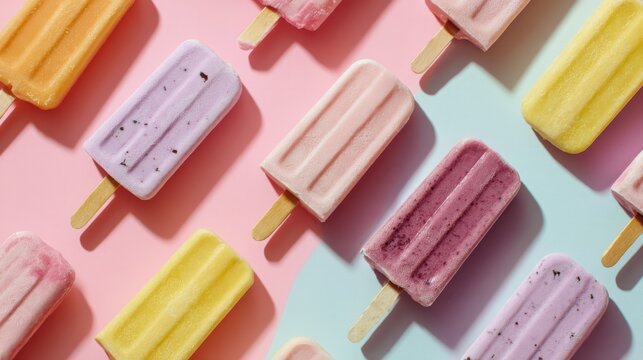 Colorful assortment of ice cream popsicles on pastel background showcasing a delightful summer treat with various fruity flavors and textures