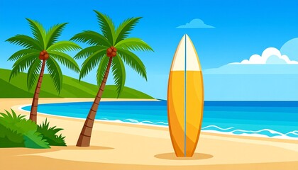 Tropical beach with palm trees. palm tree on the beach. Surfboard on the beach with