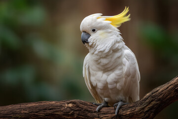 Realistic cockatoo perched on a tree branch, detailed white feathers and yellow crest, tropical background