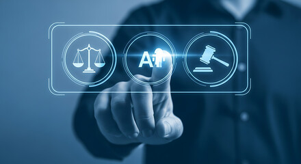 Artificial intelligence in law concept with a person touching a digital screen interface representing justice and legal technology innovation