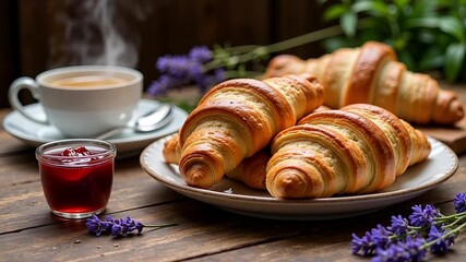 Warm, flaky croissants with coffee and jam create a delightful morning breakfast scene. - Powered by Adobe