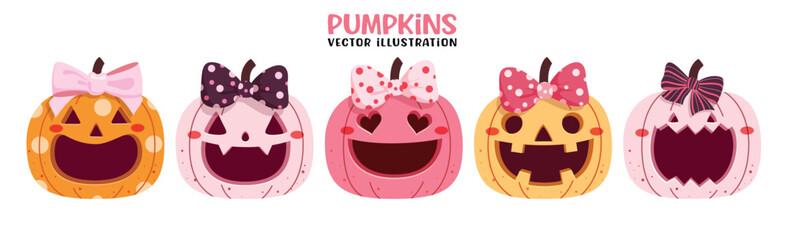 Pumpkins cute colorful clipart set. Cute Pumpkin with creepy smile, funny, happy, scary and spooky faces for kids Halloween party colorful pumpkins decoration clip art collection vector illustration. 
