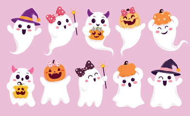 Ghost cute clipart set. Cute Ghost Halloween character clip art collection wearing funny pumpkins, bow ribbon, witch hat and holding magic wand elements for children spooky celebration vector 