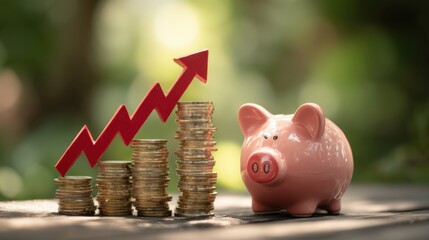 Coin stacks lead to a pink piggy bank with a rising arrow, symbolizing savings growth, financial success, and investment planning in natural outdoor settings