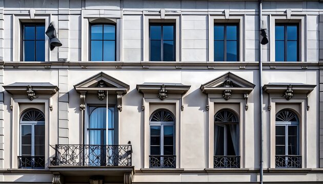 Ornate facade of a stately building with many arched and rectangular windows, showcasing intricate architectural details and decorative elements.