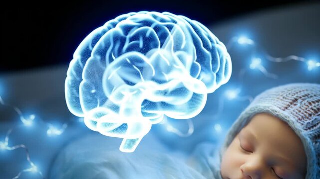 Sleeping Infant with Futuristic Brain Development Overlay