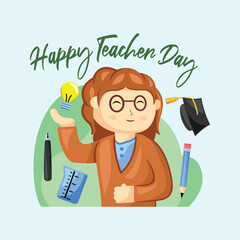 Teacher Day with Bright Cute Cartoon People, Stationery Element and Background