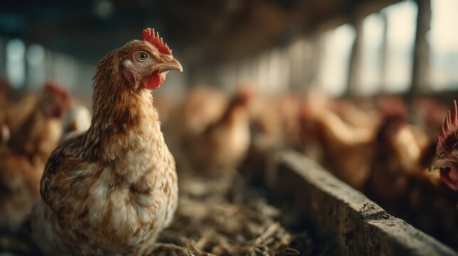 A close-up of a hen in a barn, surrounded by other chickens, highlighting farm life and poultry rearing.