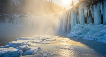 Enchanting Frozen Waterfall: Sunlit Ice, Winter Magic, Rainbow Gleam