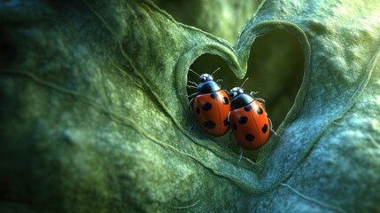 Fototapeta premium Two ladybugs in heart-shaped leaf cutout. Romantic nature scene