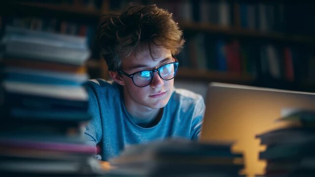 Focused medium shot of a young coder with bluelight glasses concentrating on laptop screen surrounded by cluttered textbooks and notes slightly out of focus.