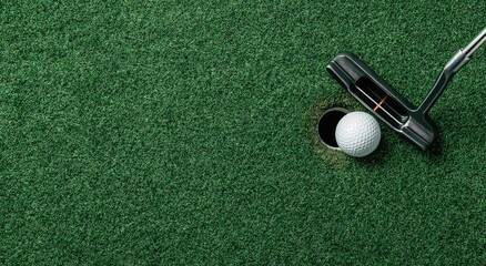 Golf ball in hole, putter on green