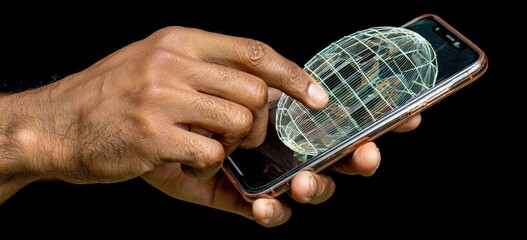 A hand holds a smartphone with a holographic, gridded world globe displayed on the screen