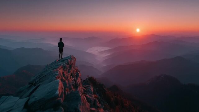 Person Standing on Mountain Peak During Sunset with Vibrant Sky and Distant Hills