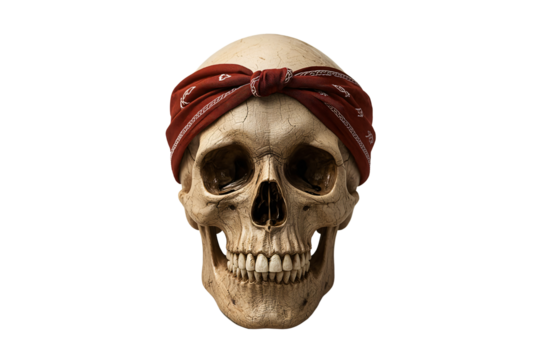 Skull wearing bandana, dark background, graphic design element