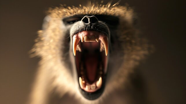 Fierce baboon roaring with mouth wide open showing sharp teeth