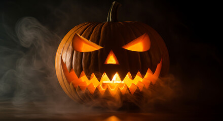 Fototapeta premium Scary glowing Halloween pumpkin jack o lantern with evil face, candle light inside, spooky smoke and dark mysterious background for holiday decoration