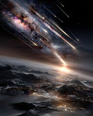 Fototapeta premium Colorful northern lights with meteor shower and bright Milky Way shining above mountain peaks in breathtaking night sky