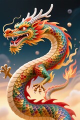 Fototapeta premium A surreal, simple 3d artwork of a Chinese New Year dragon, vibrant scales spilling outside edges with minimal design