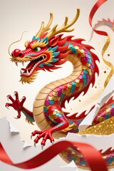 Obraz premium A surreal, simple 3d artwork of a Chinese New Year dragon, vibrant scales spilling outside edges with minimal design
