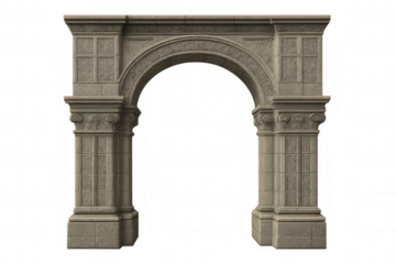 Stone archway with intricate carving, revealing classical architectural details, isolated on transparent background for seamless design integration