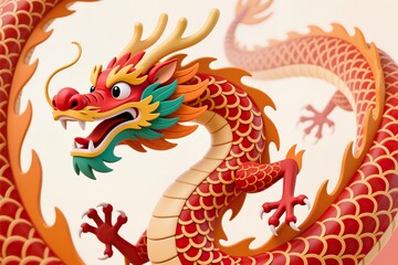 A surreal, simple 3d artwork of a Chinese New Year dragon, vibrant scales spilling outside edges with minimal design