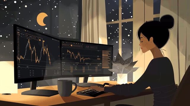 Minimalist vector of trading desk with multiple monitors, dark theme charts, and coffee mug