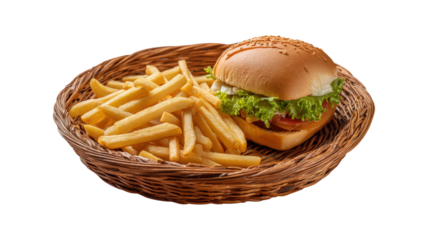 A plate of food with a basket of french fries and a sandwich isolated on a white background