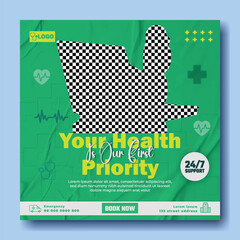 Doctor examining laptop screen with magnifying glass and health icons on green background promoting healthcare services