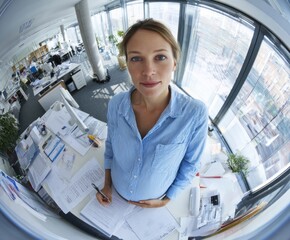 A pregnant businesswoman stands at her desk in a modern office, her perspective viewed through a fisheye lens, surrounded by documents and colleagues.