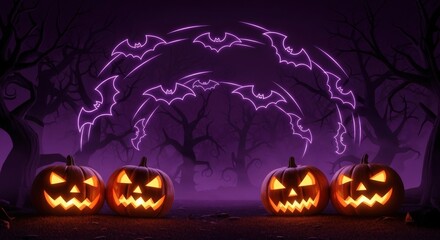 Spooky jack-o'-lanterns glowing under neon bats, perfect for Halloween projects