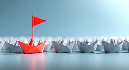 A red origami boat stands out among many white ones